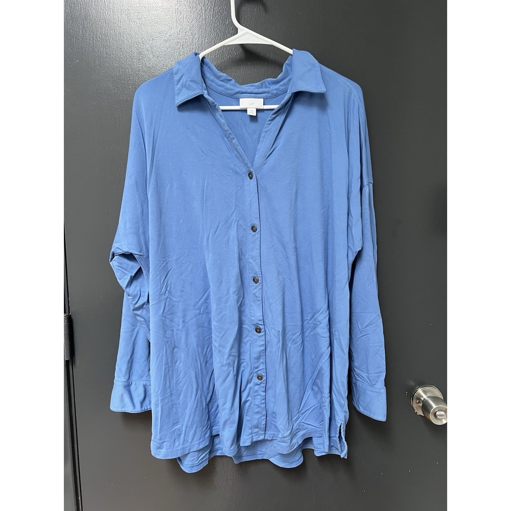 J Jill Top Womens Sz 2X Blue Button Up Collar Long Sleeve Jersey Knit Stretch